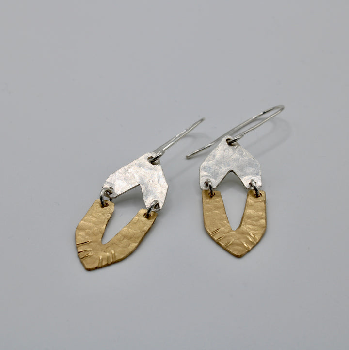 minimalist hand forged brass and sterling silver earrings