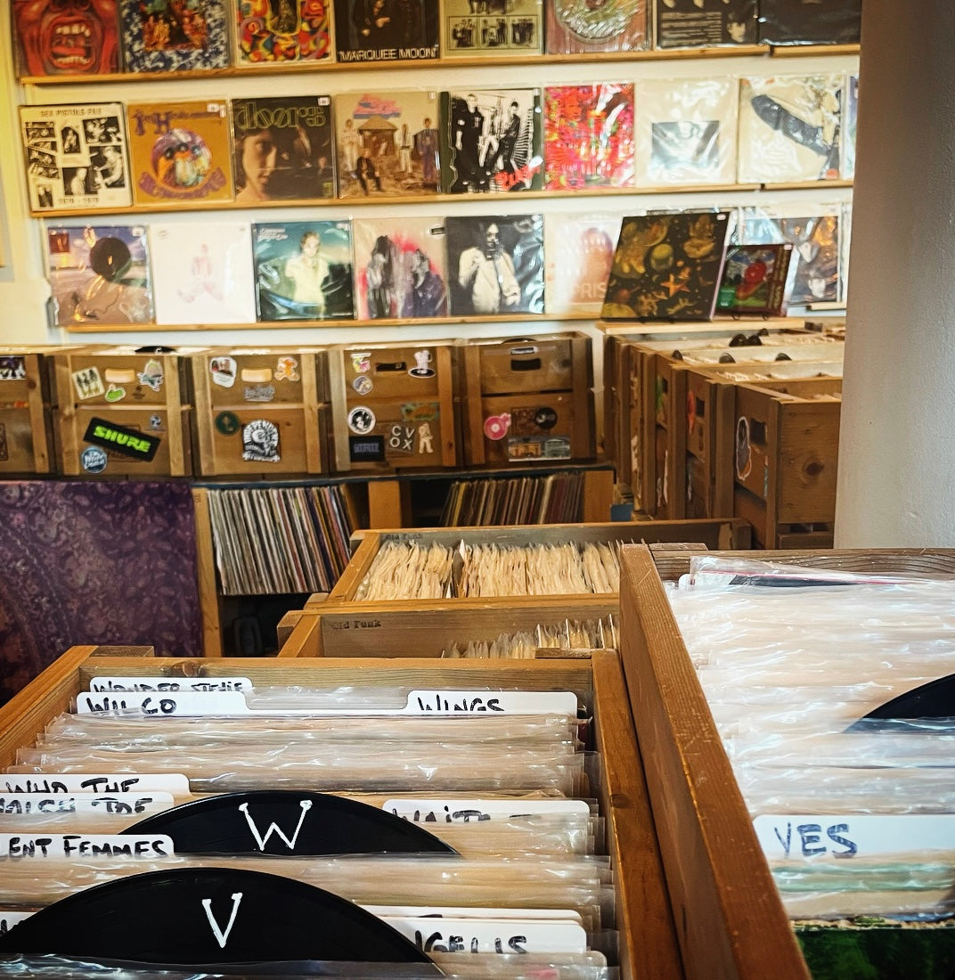 interior image of moon's records with record crates and record wall