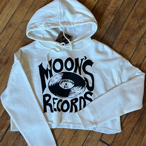 relaxed fit crop hoody with moon's records logo on it. 