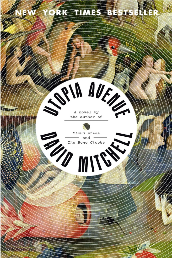 Book cover of 'Utopia Avenue' by David Mitchell with abstract design and text.