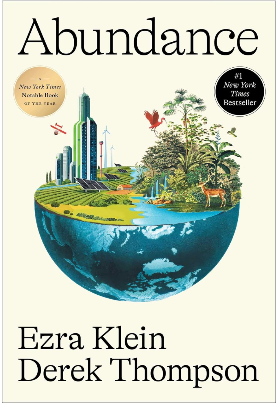 Book cover of 'Abundance' by Ezra Klein and Derek Thompson with a half-planet design.