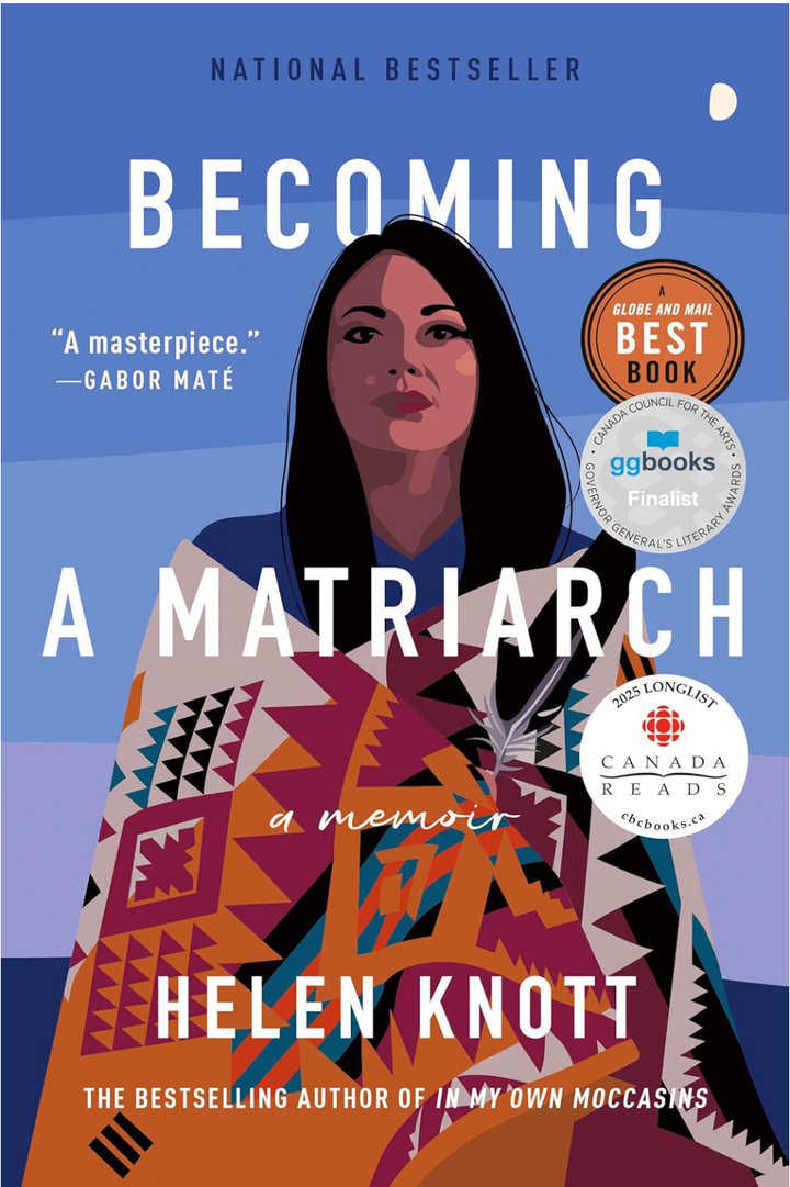 Becoming A Matriarch Book Cover with a woman or author Helen Knott wrapped a blanket 