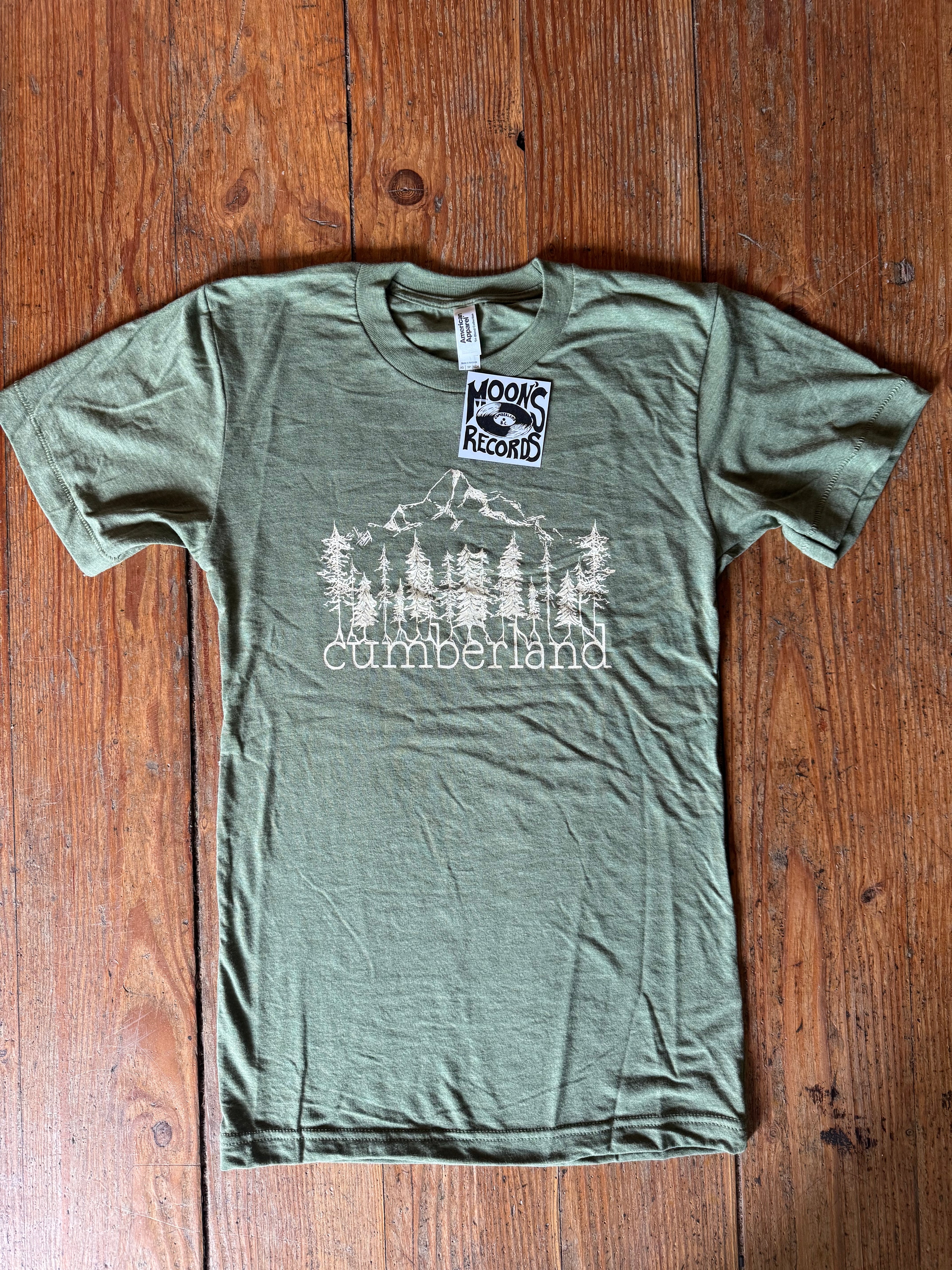 sage olive green t-shirt with Cumberland on it. Mountain biking town t-shirt