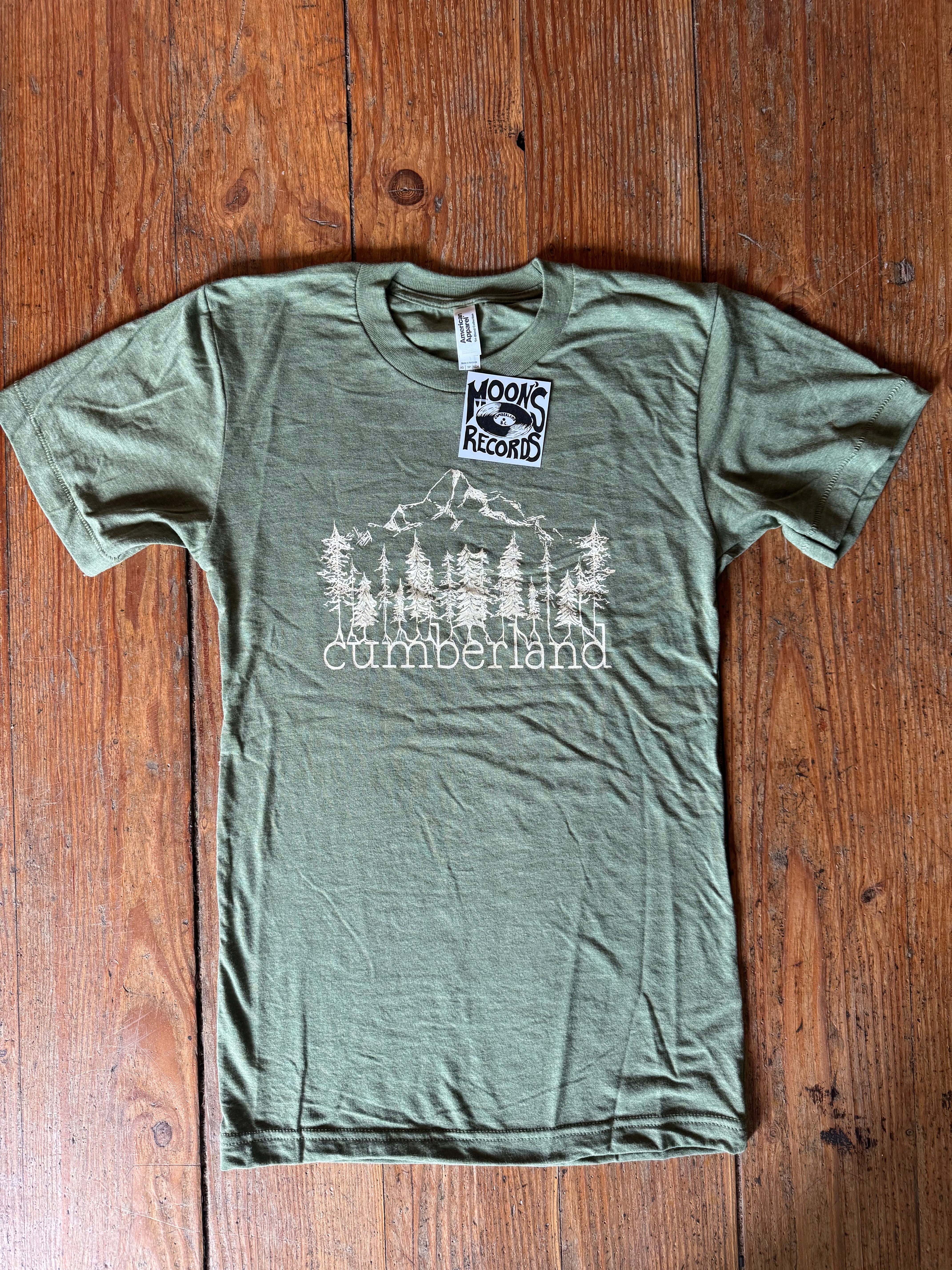 sage olive green t-shirt with Cumberland on it. Mountain biking town t-shirt