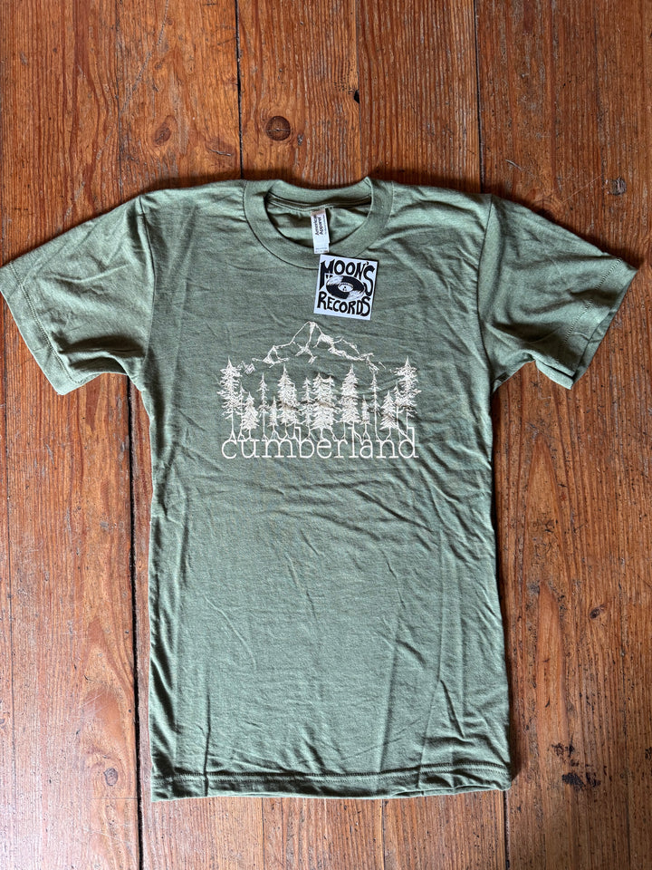 sage olive green t-shirt with Cumberland on it. Mountain biking town t-shirt