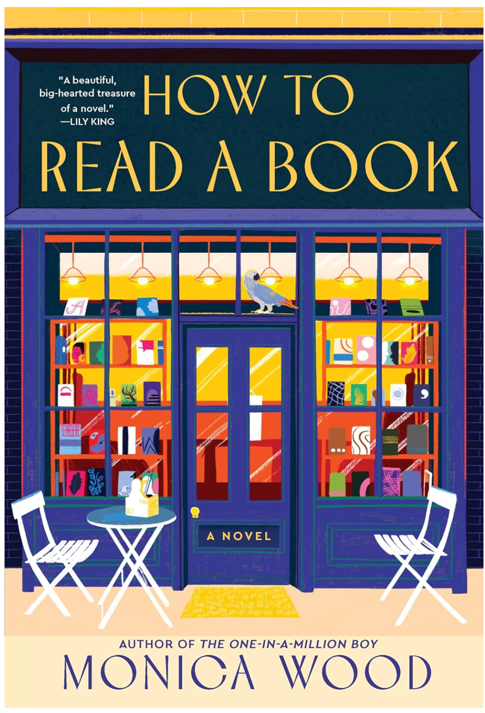 Book cover of 'How to Read a Book' by Monica Wood, featuring a colorful bookstore illustration.