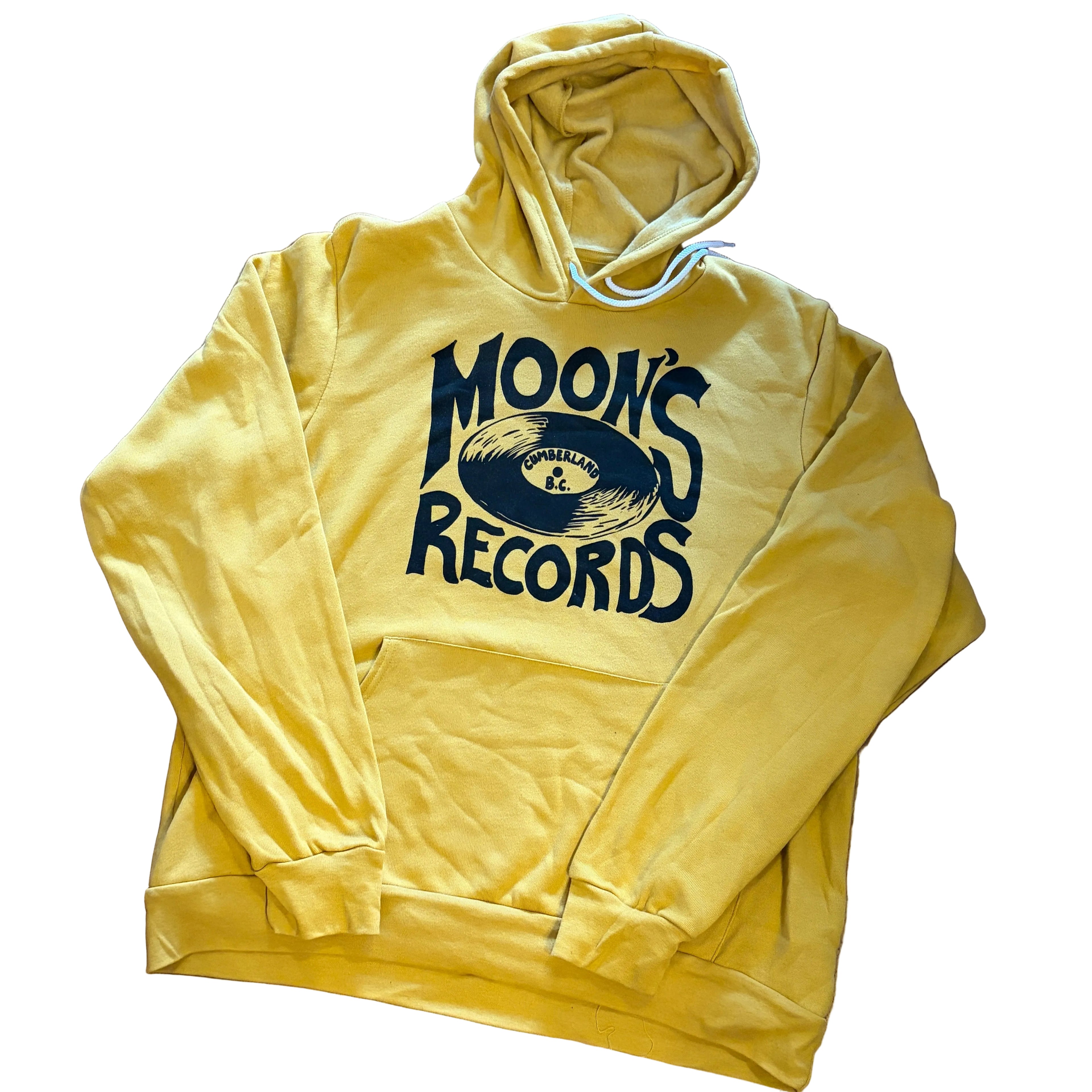 moon's records logo with black print on yellow pullover hoody