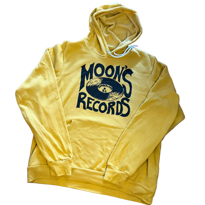 moon's records logo with black print on yellow pullover hoody