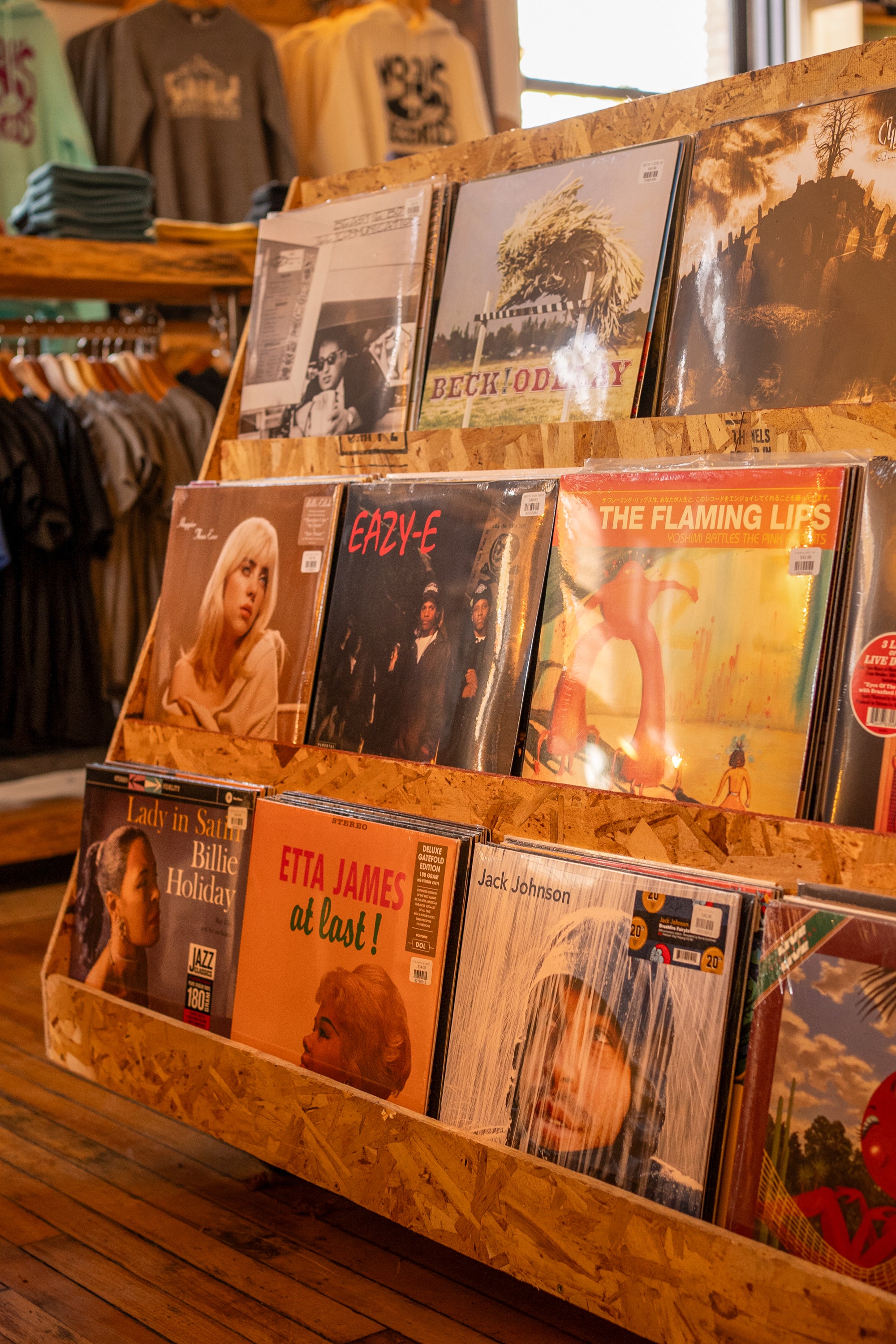 vinyl records on shelf in store front view