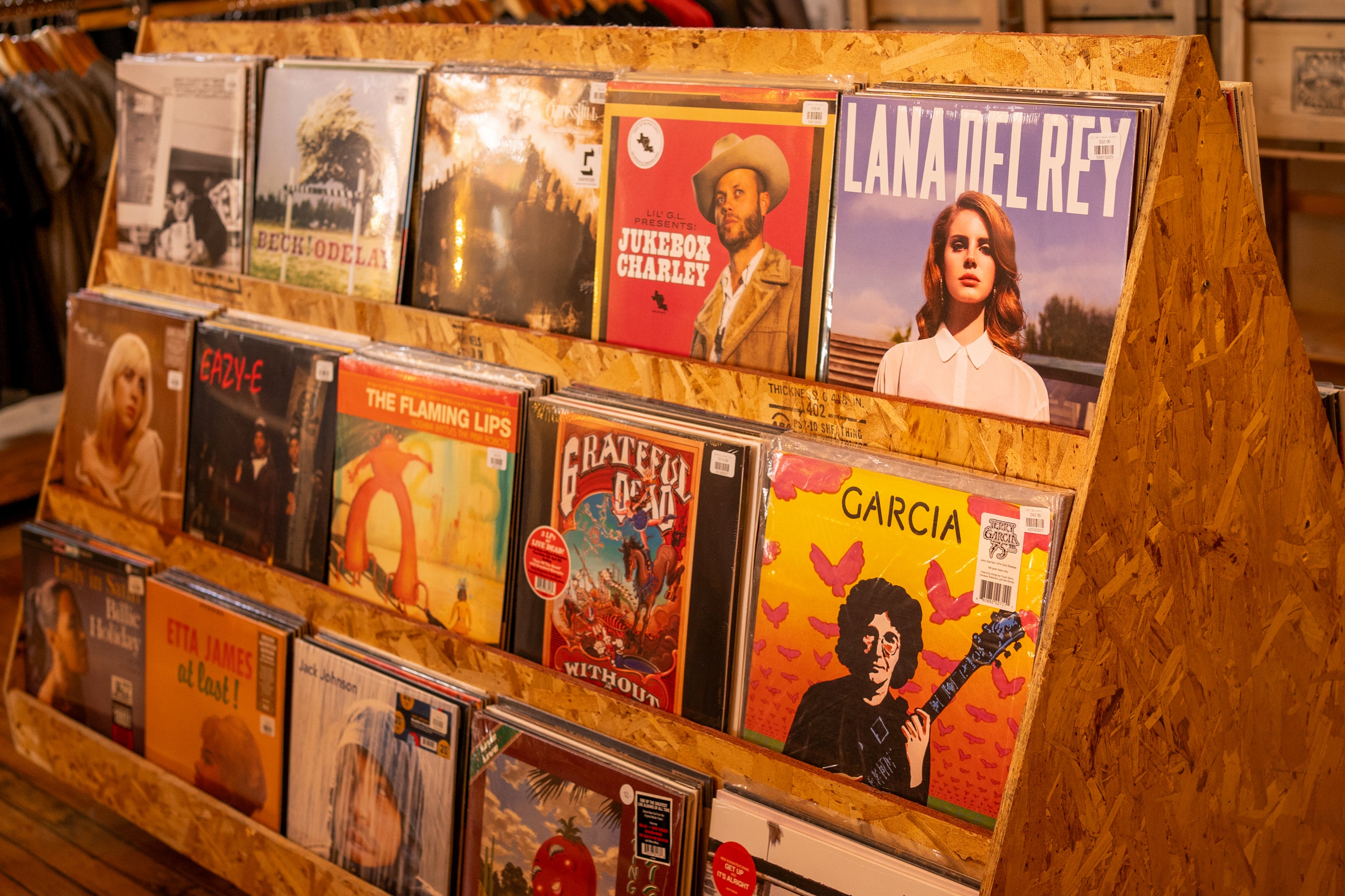 shelf of vinyl records front